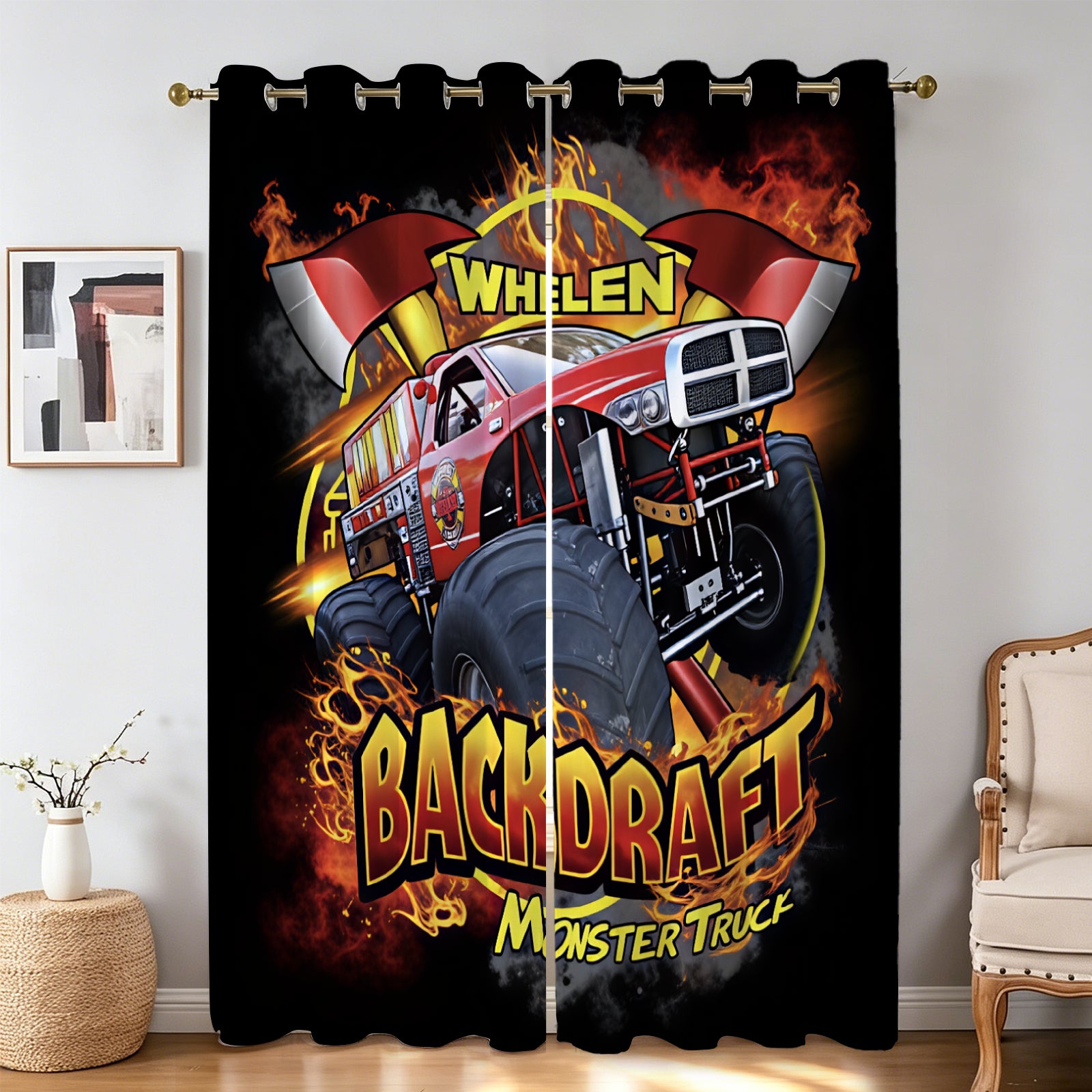 Whelen backdraft Grave Digger inspired window curtains for monster truck lovers