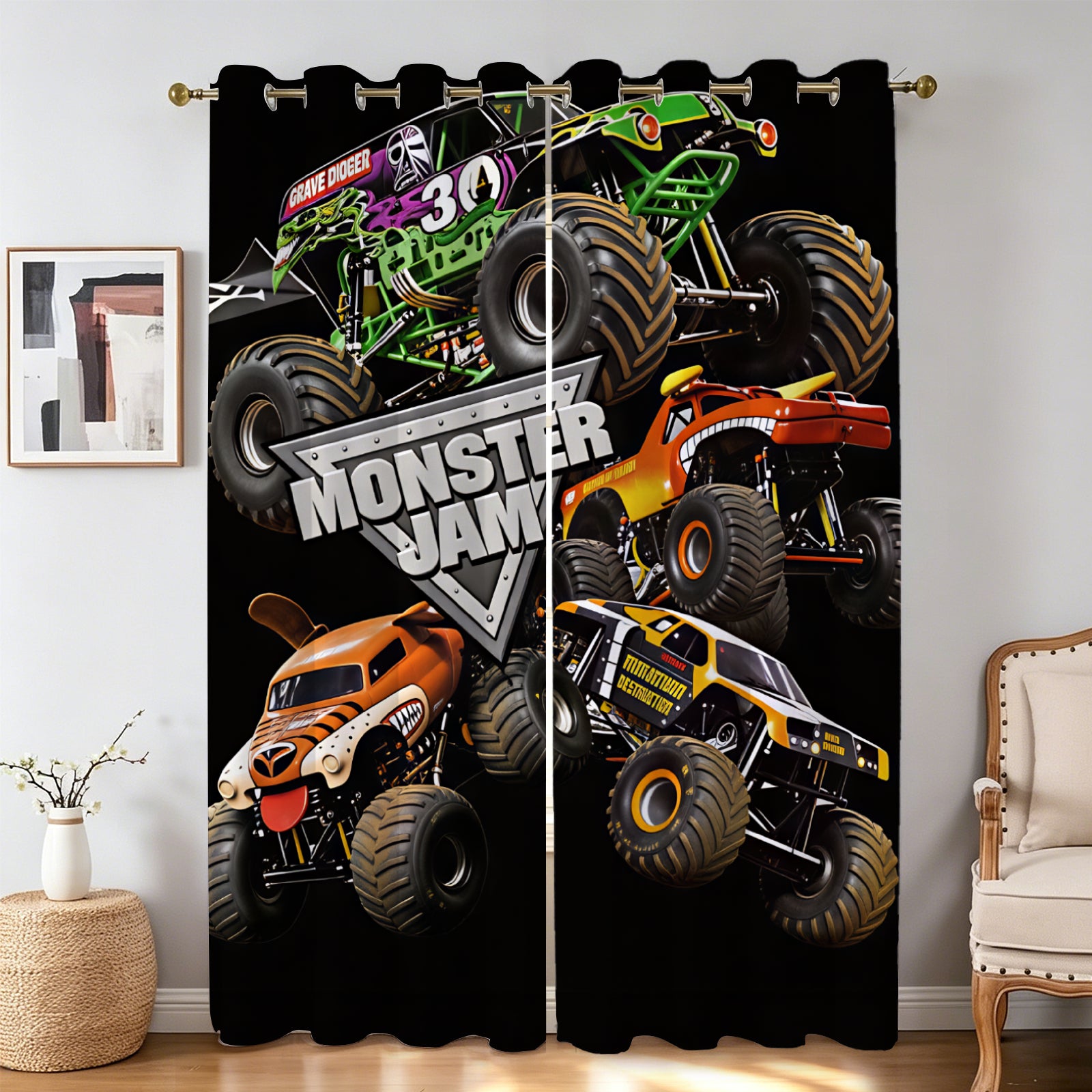 3D monster truck window curtains featuring Grave Digger and Megalodon