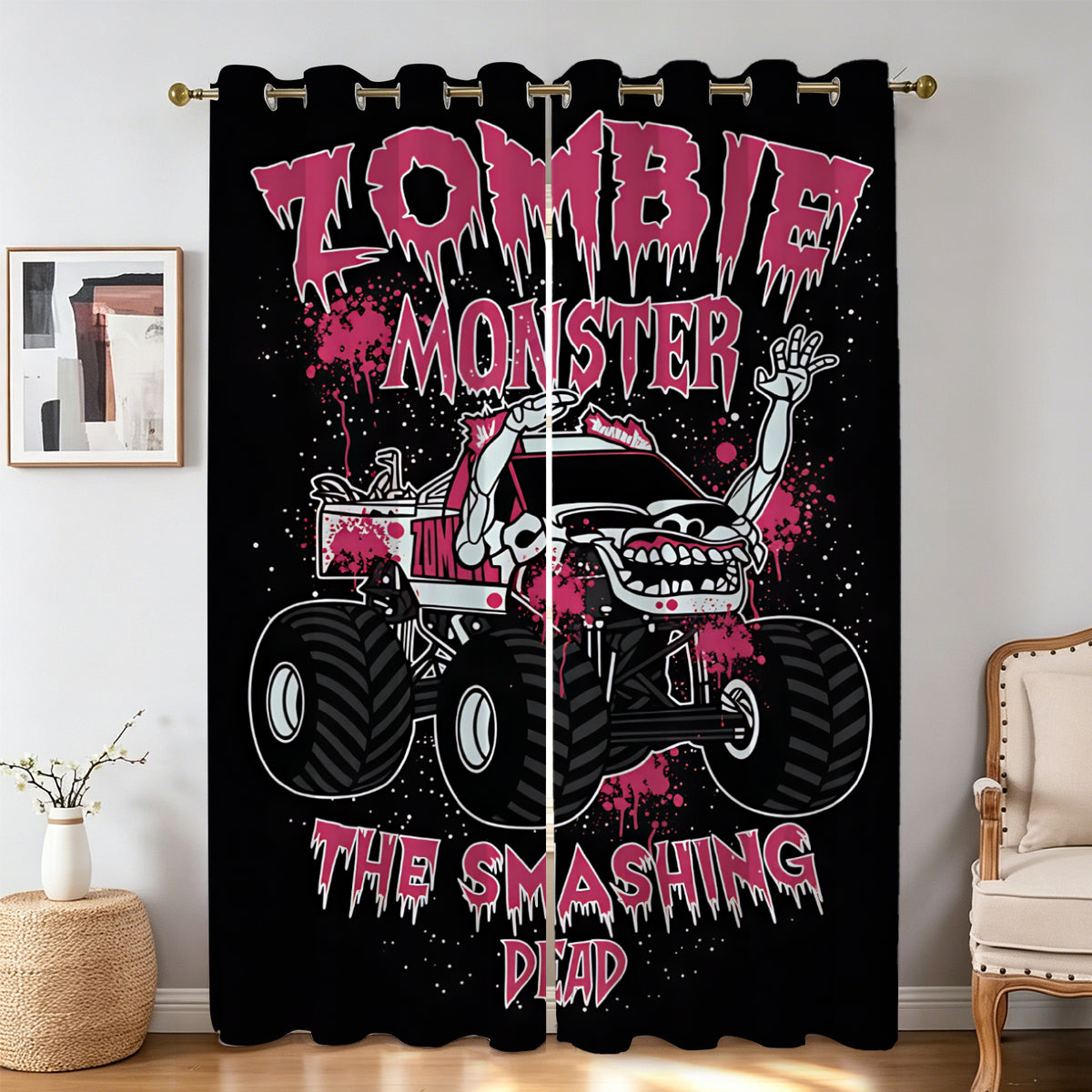 Megalodon Zombie monster truck window drapes for children's rooms