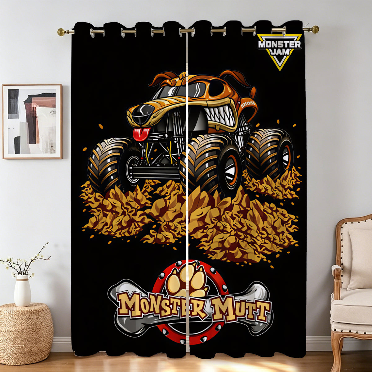 Monster truck themed curtains for boys bedroom decor