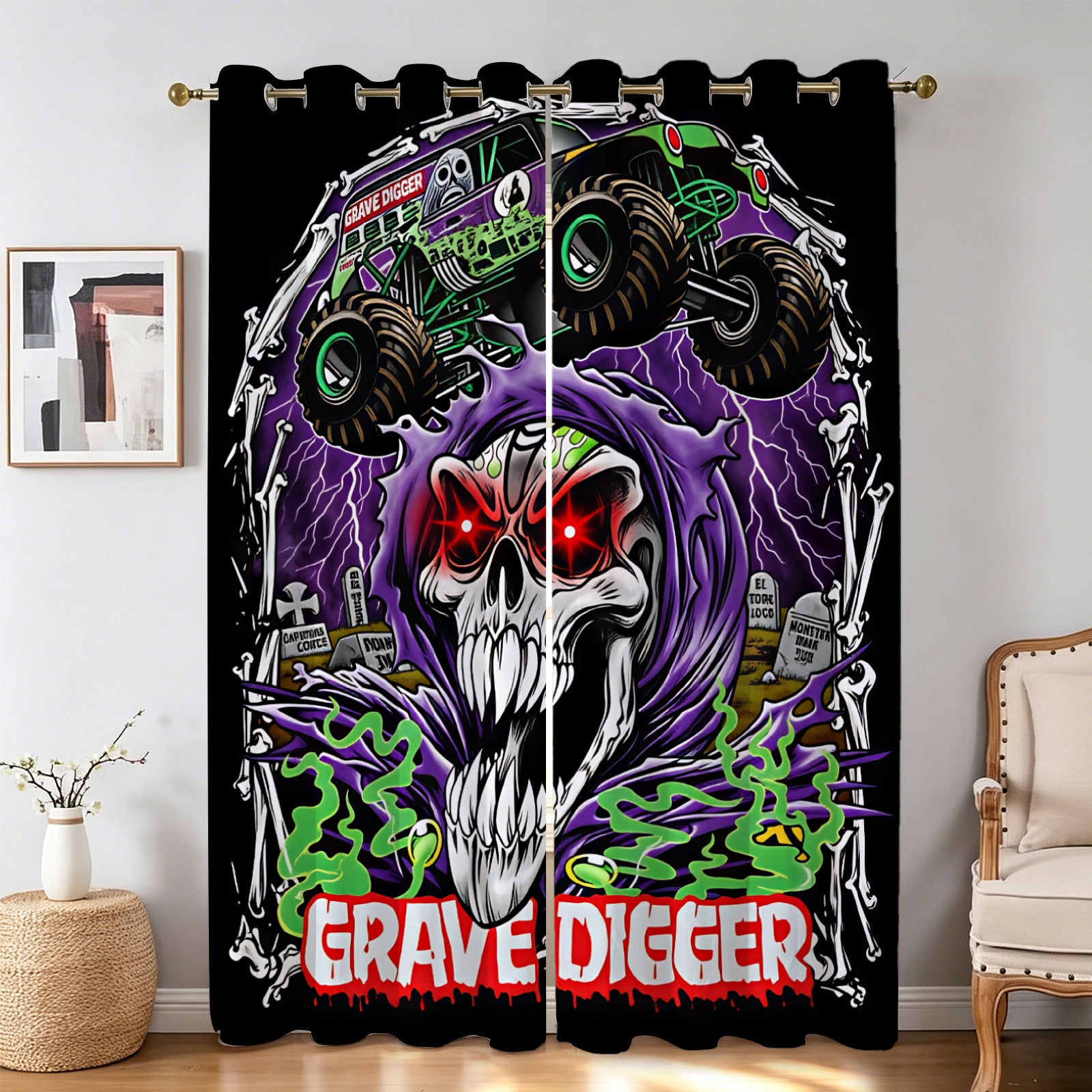 Grave Digger and Megalodon kids window curtains design