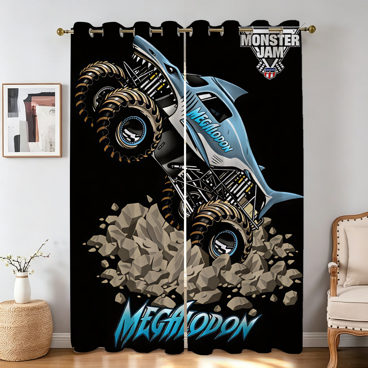 Monster truck bedroom curtains for young truck racing fans