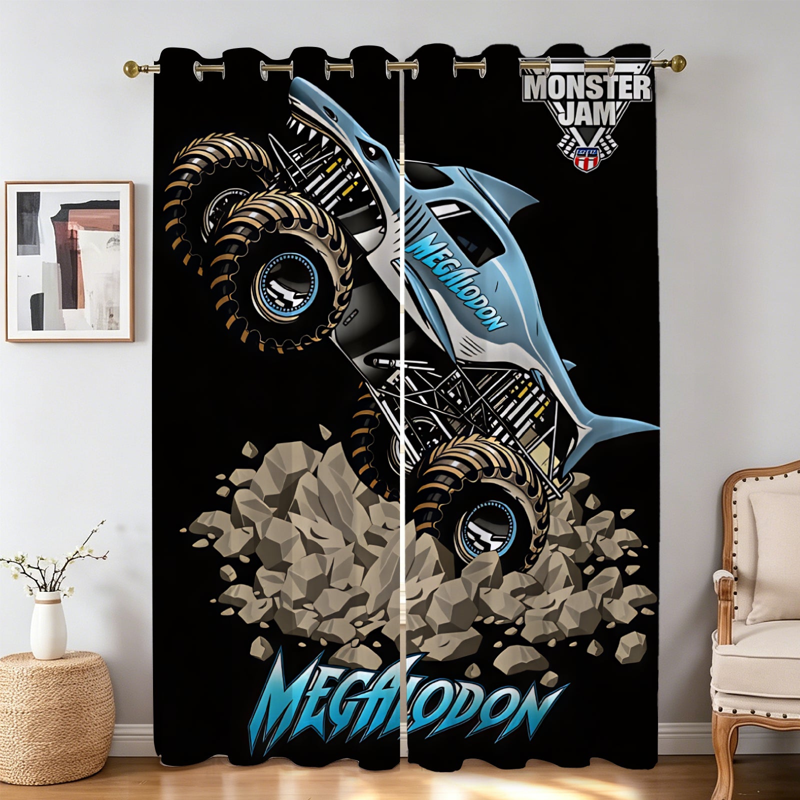 Monster truck bedroom curtains for young truck racing fans