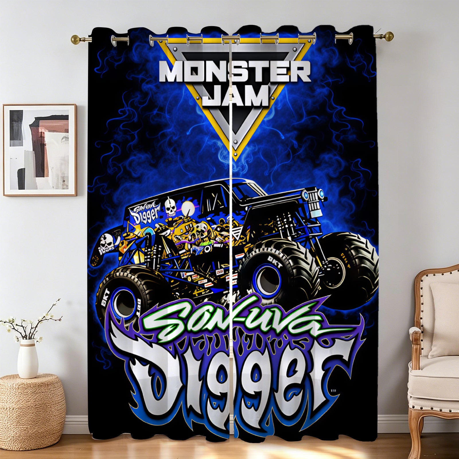 Kids Sonuva digger monster truck window curtains with action-packed artwork