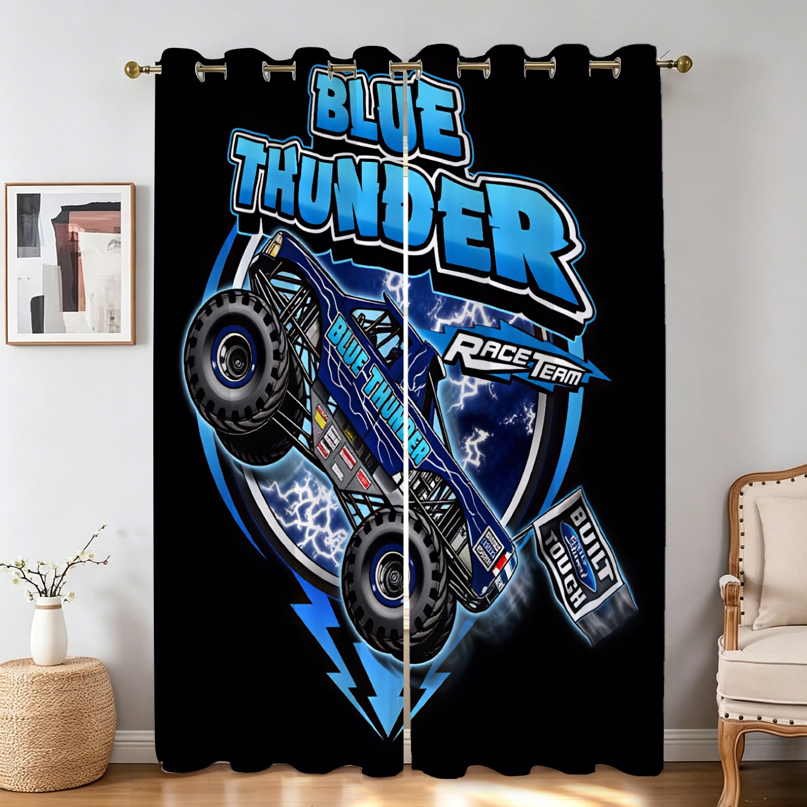 Blue Thunder Monster truck drapes for a racing themed children's bedroom