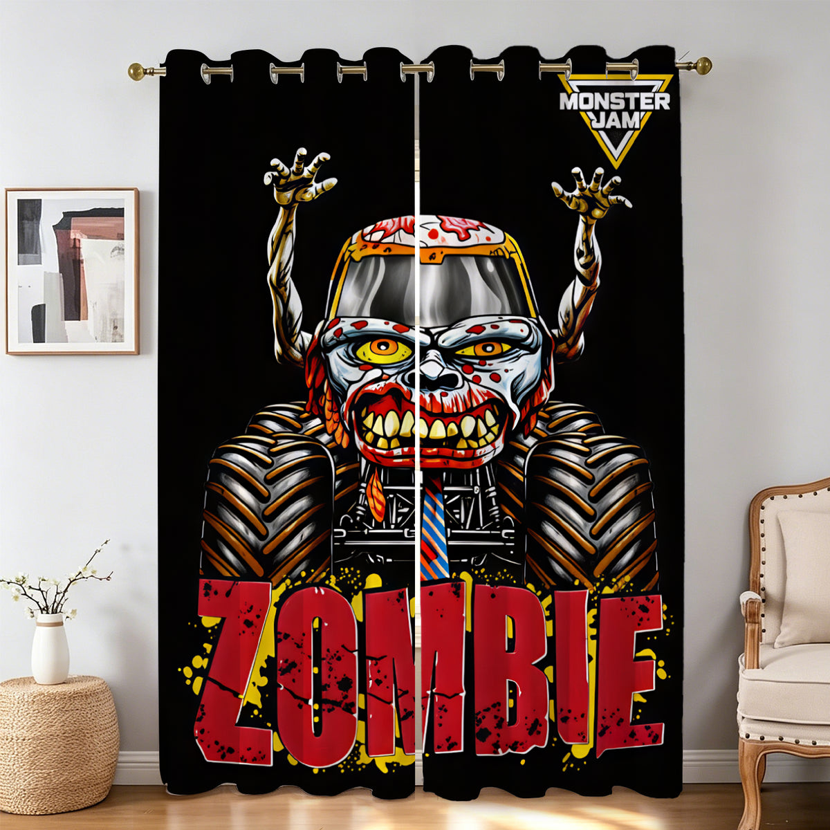 Zombie Monster truck window drapes for boys room interior decor