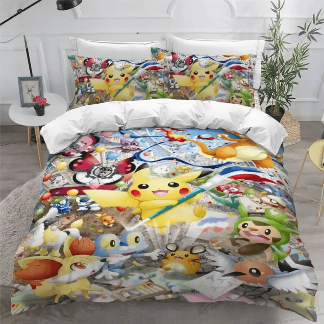 3D Pokemon Pikachu Froakie & Fennekin Anime Cartoon Kids Quilt Cover