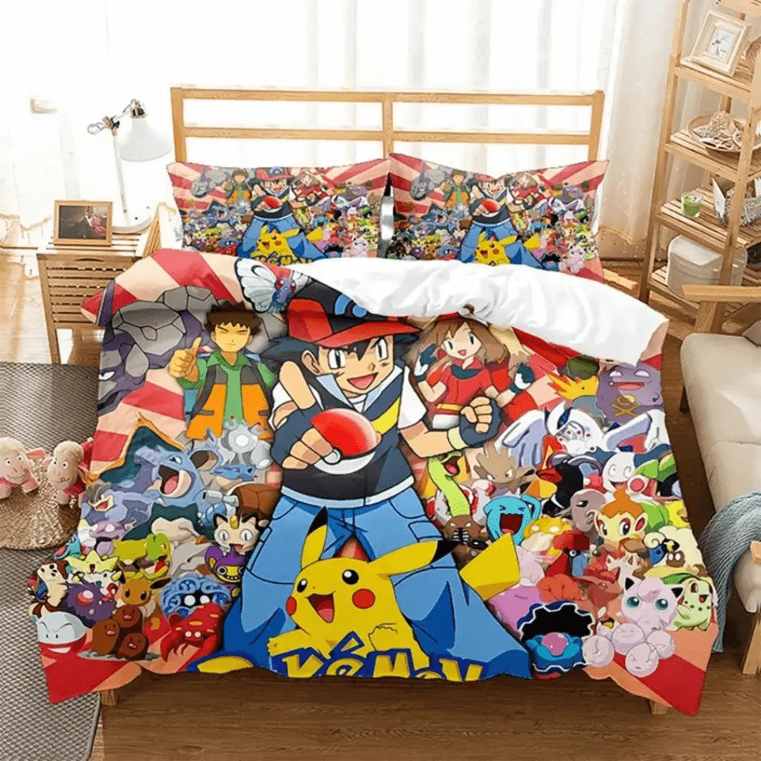 3D Pokemon Pikachu Serena & Ash Ketchum Anime Kids Bedding Cover Set