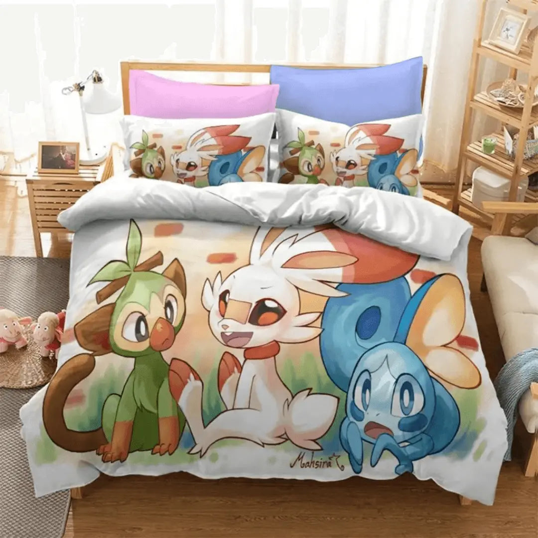3D Pokemon Pikachu Grookey, Scorbunny & Sobble Anime Kids Bedding Cover Set