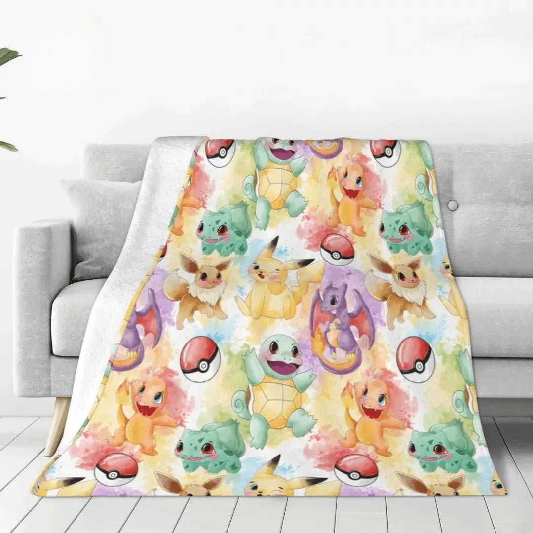 3D Pokemon Pikachu Squirtle & Bulbasaur Cartoon Kids Sofa Throw Blanket