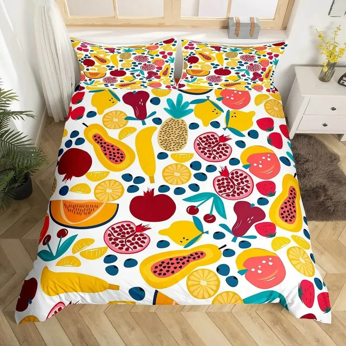 Colorful dragon fruit duvet cover in full-size bed
