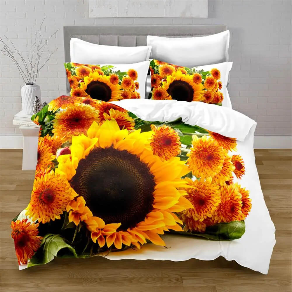 Sunflower quilt cover with botanical print design