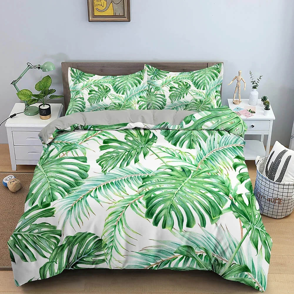 Green leaf bedding set for modern bedroom design
