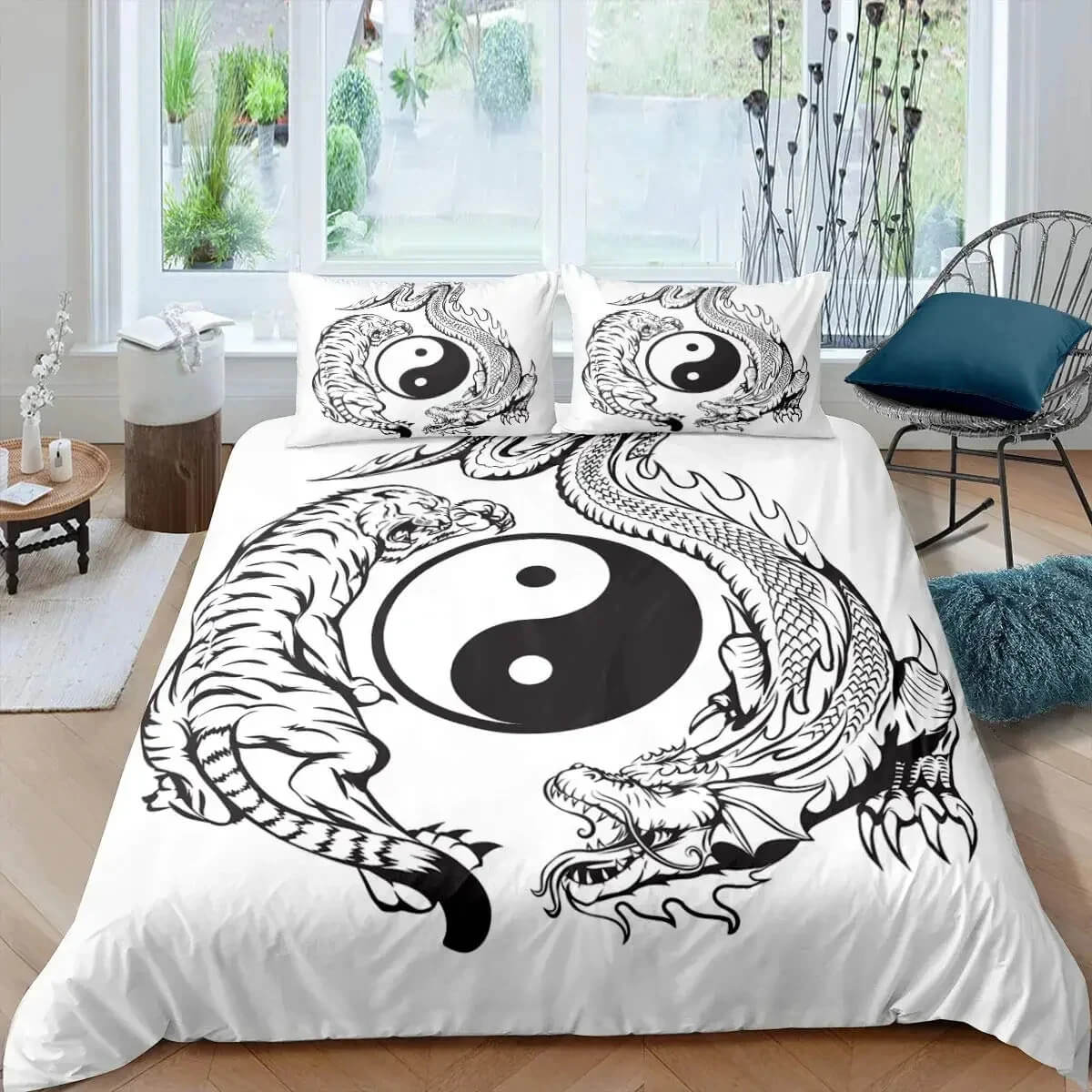 Trippy Yin Yang Dragon Duvet Cover for Bedroom Decor