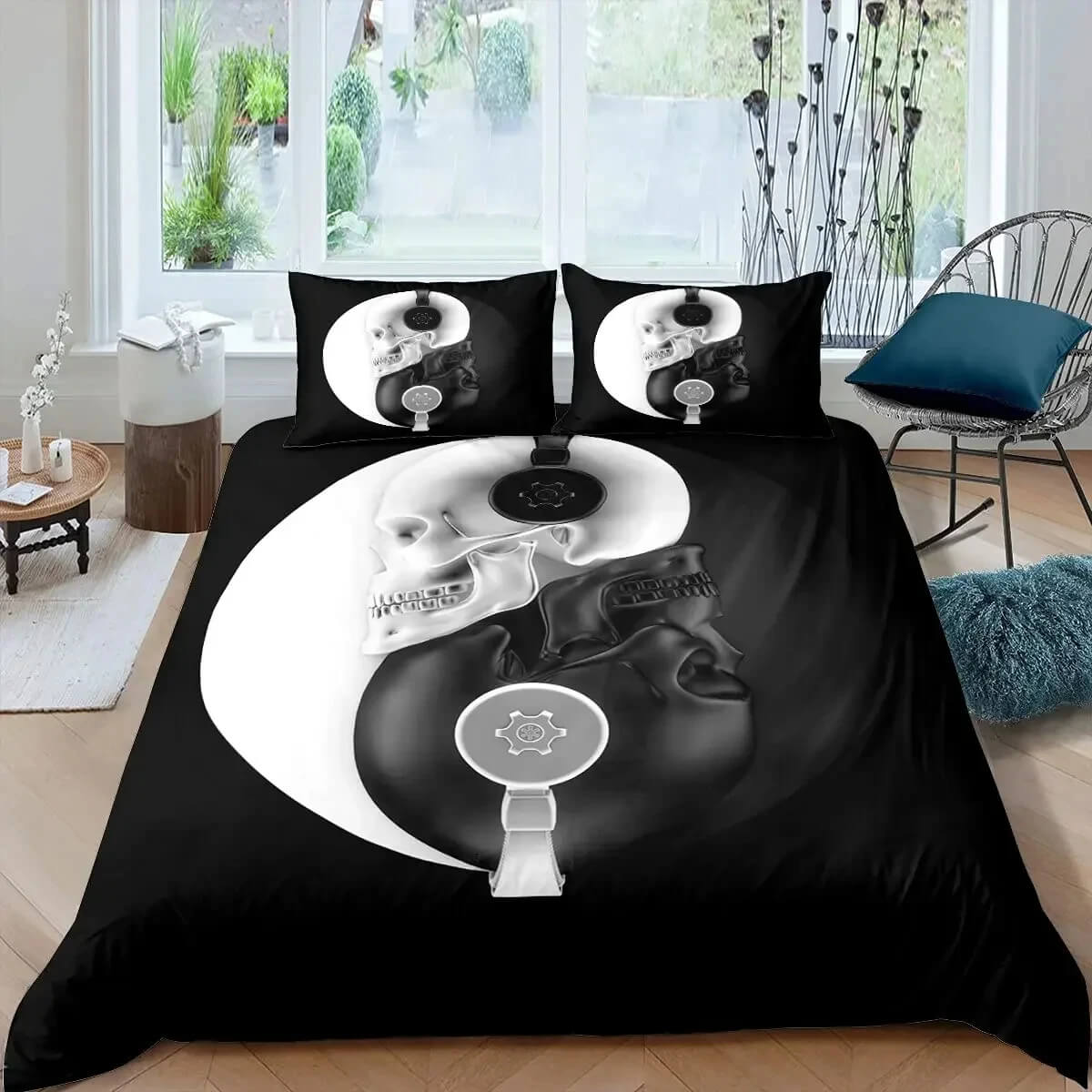 Boho Psychedelic Yin Yang Skull Comforter