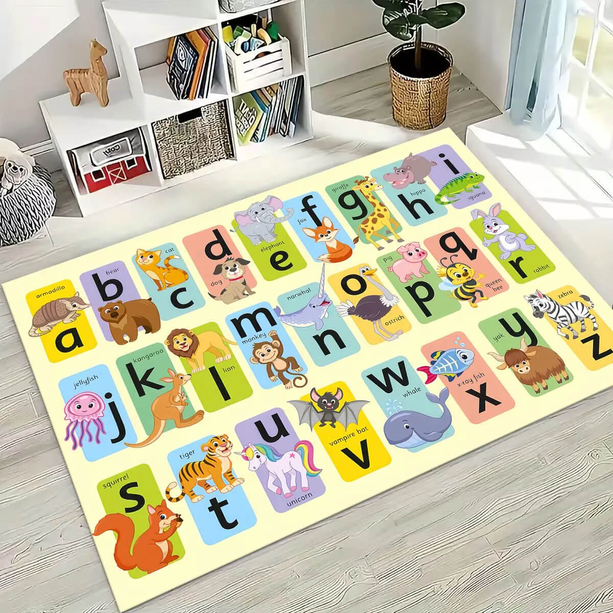 Soft cartoon alphabet rug for kids’ nursery room