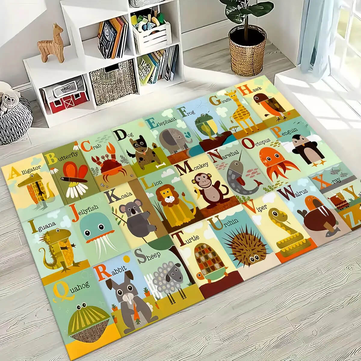 Animal-themed alphabet rug for toddlers’ learning space