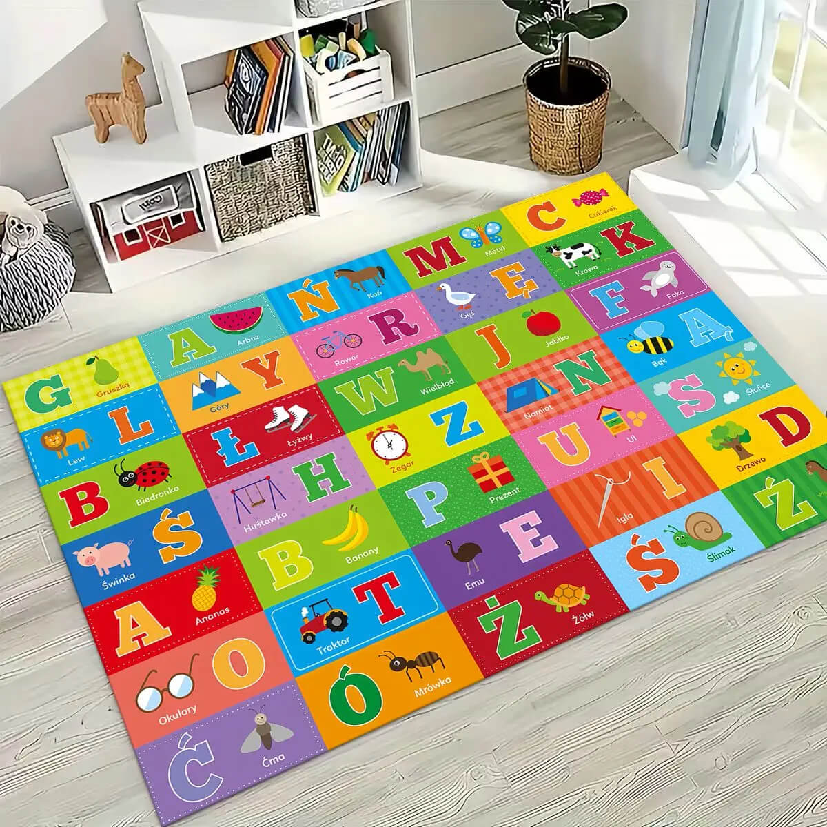 Educational alphabet rug with animal cartoons for nursery