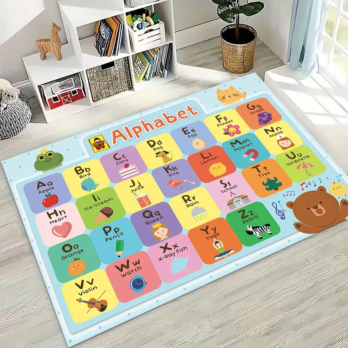 Colorful ABC kids rug with cartoon animal design