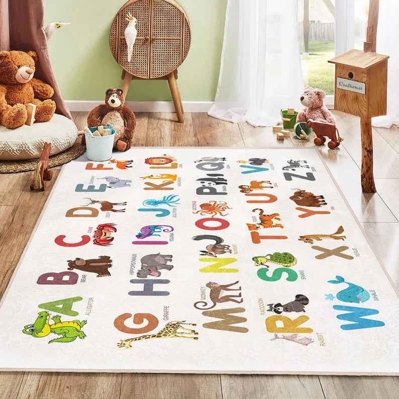 
ABC Nursery Rug|Animal Alphabet Carpet|Kids Learning Play Mat|Educational Preschool Carpet|Animal Print Baby Room Rug|Colorful Animal Rug