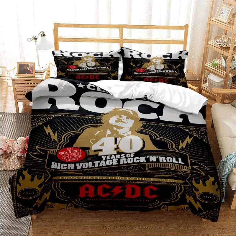 Cozy bedroom with AC/DC bedding