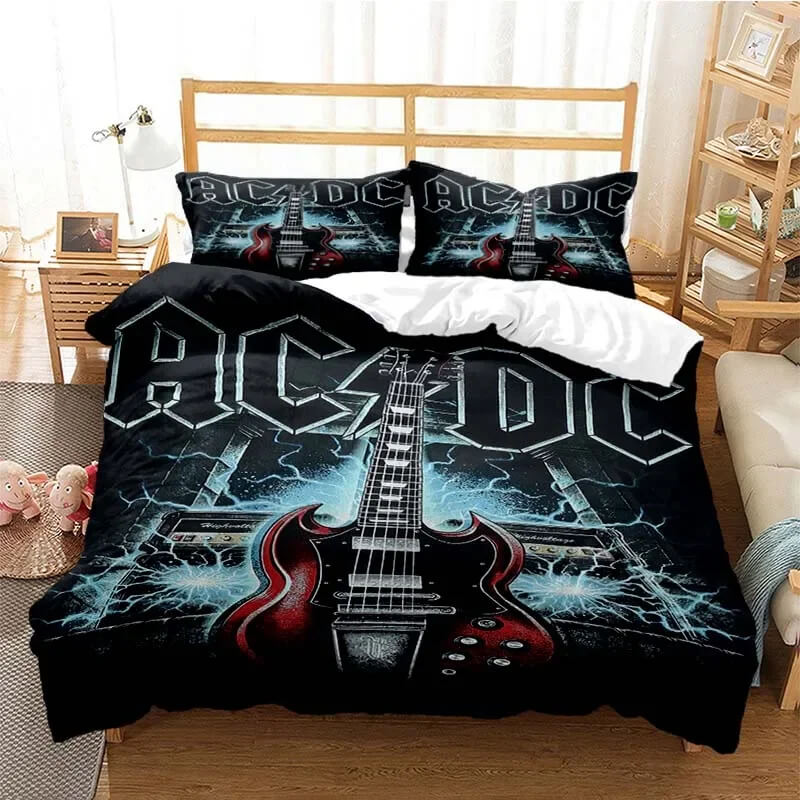 AC/DC rock band duvet cover set on bed