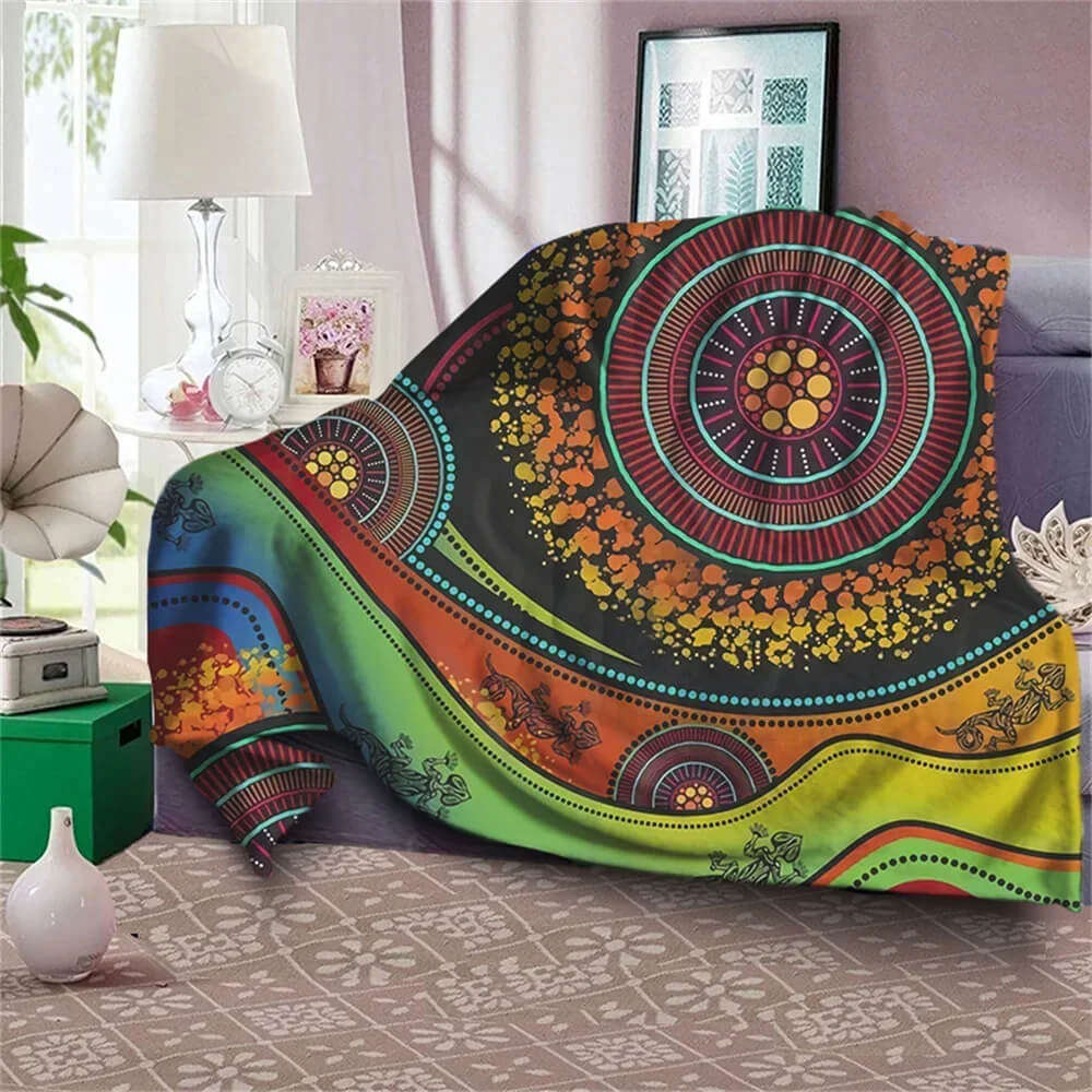 Cozy Indigenous art blanket for bed and couch decor