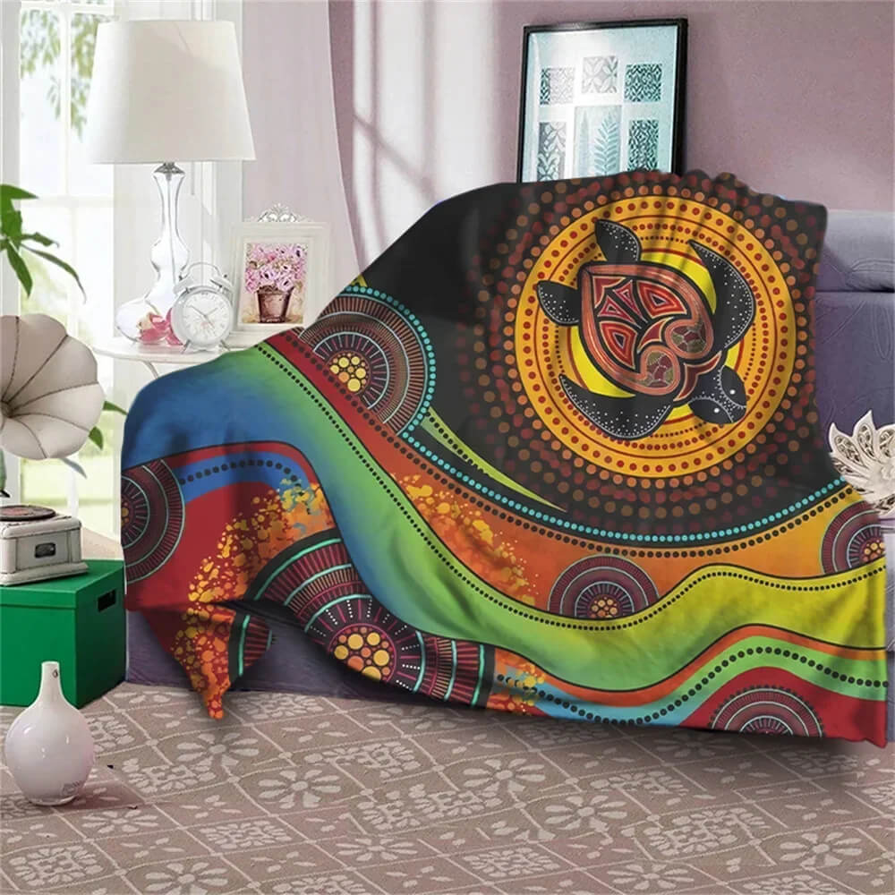 Aboriginal-inspired turtle pattern blanket for sofa decor