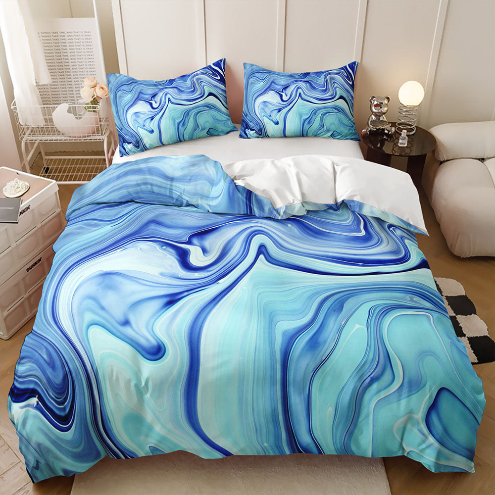 Abstract fluid marble quilt cover set with Blue colours
