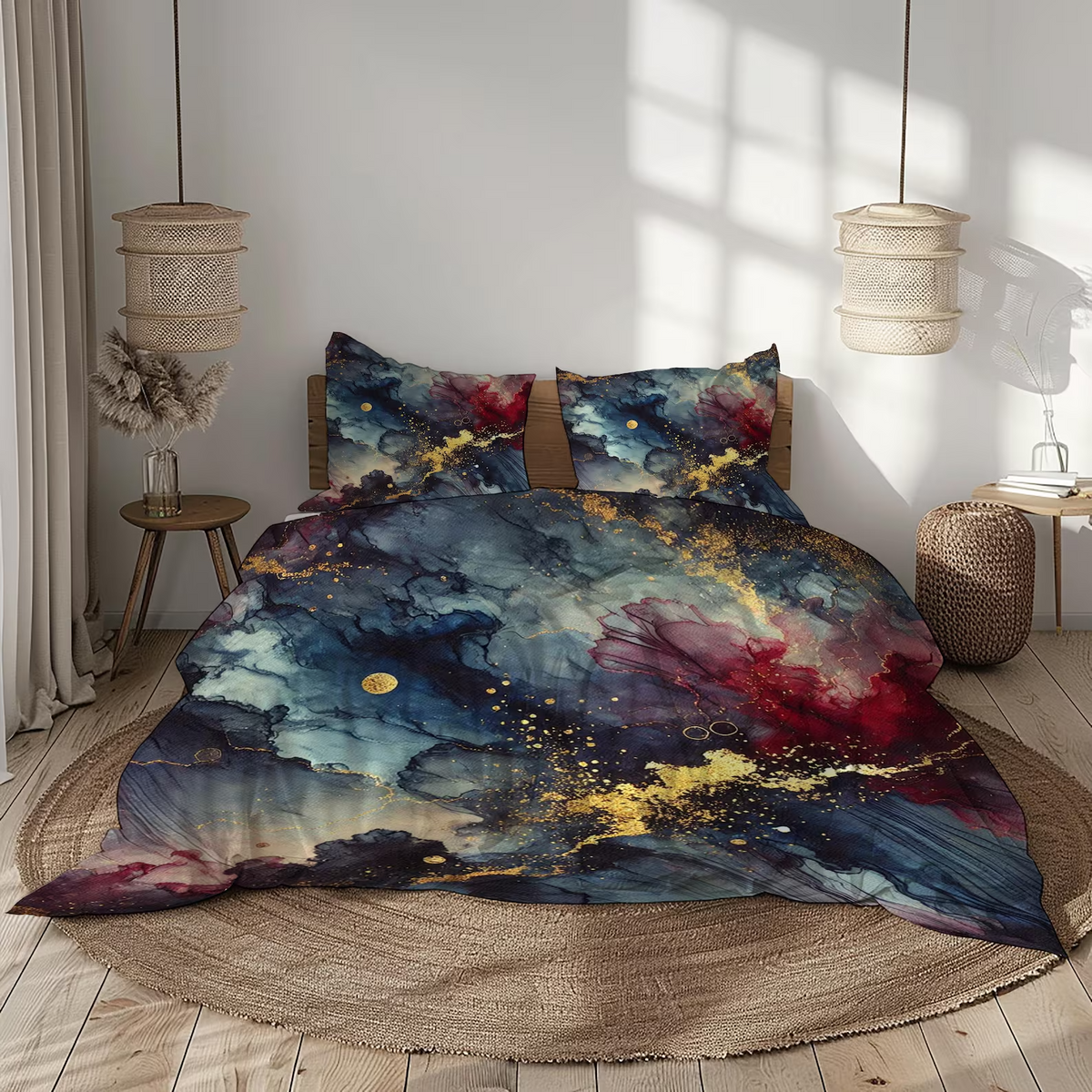 Abstract fluid art bedding with flowing marble effects