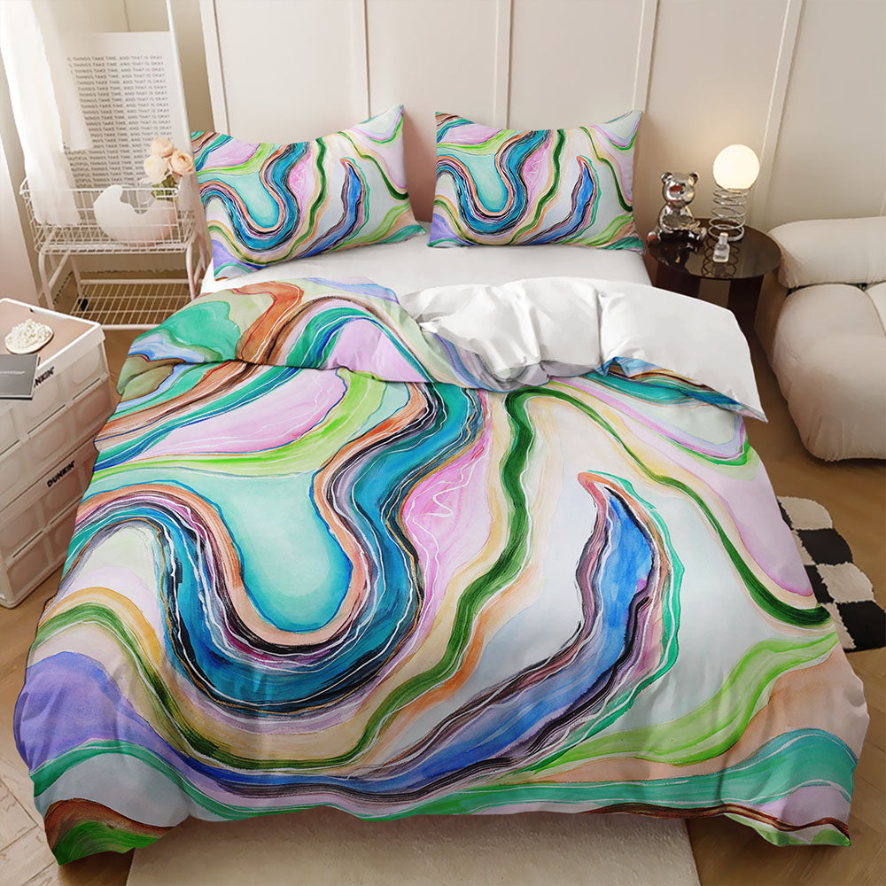 Watercolor fluid art bedding with soft Swirl-inspired shades