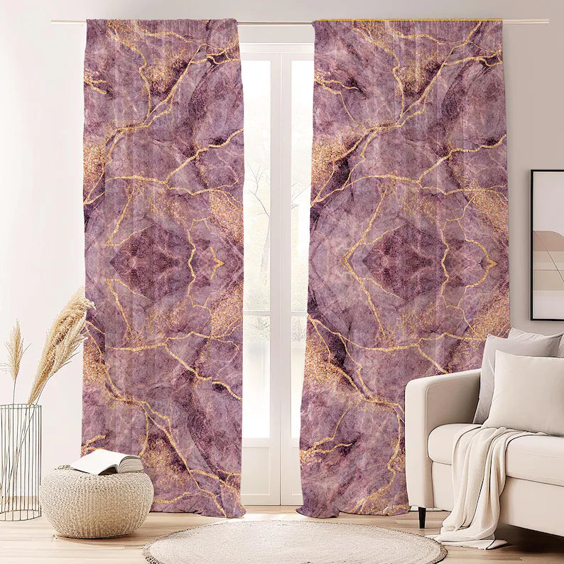 Abstract Marble Velvet Curtain: Mauve & Gold Boho Window Panel