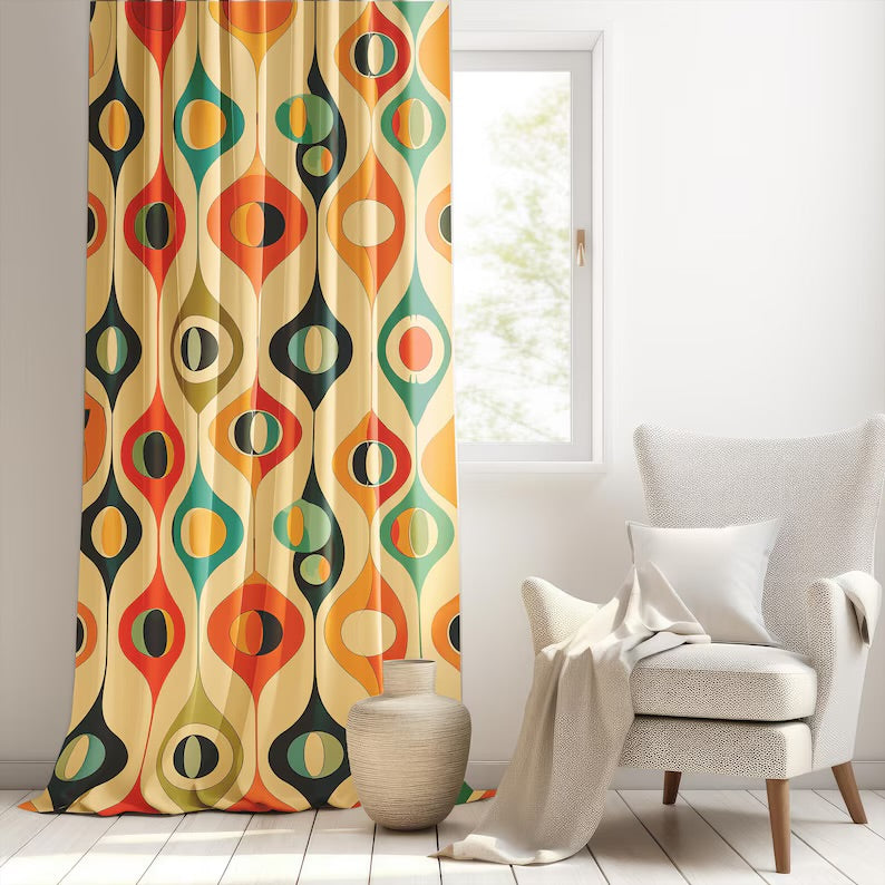 Abstract Retro Design Curtain, Colorful Mid Century Modern Curtain, Seamless Pattern Vintage Drapes, Eye-Catching Curtain, Geometric Valance