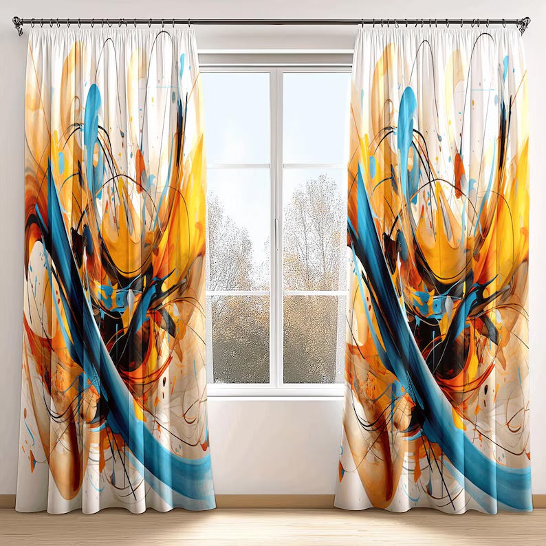 Abstract Watercolor Art Design Curtain, Retro Pattern Drapes, Whimsical Valance, Premium Boho Vibrant Curtain Panel, Trendy Window Treatment