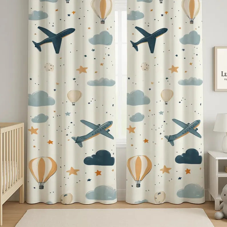 Airplane Nursery Curtains: Cotton-Blend Velvet, Boys Room Decor