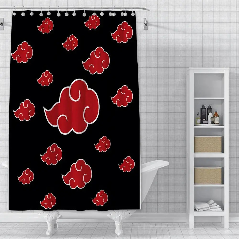 Akatsuki shower curtain with red cloud design on black background