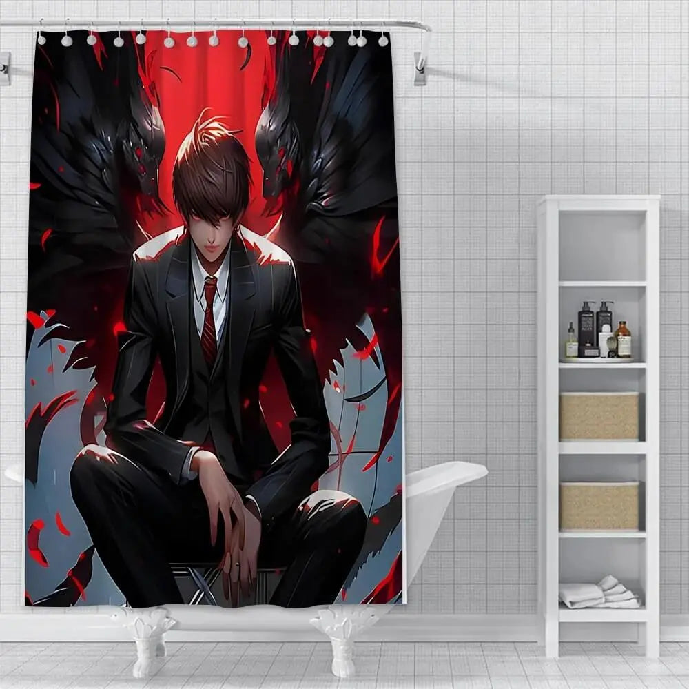 Anime Death Note Shower Curtain – Waterproof polyester bathroom curtain with bold black and white anime design featuring Death Note characters from Zirconic