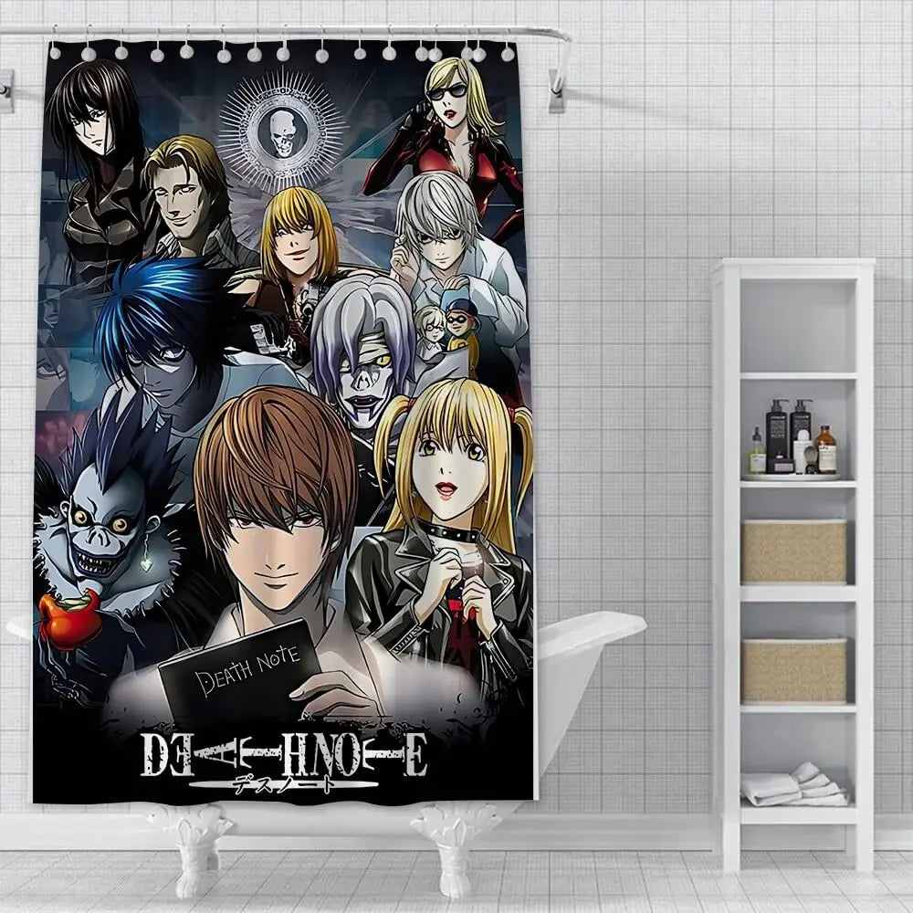 Anime Death Note Shower Curtain – Waterproof polyester bathroom curtain with bold black and white anime design featuring Death Note characters from Zirconic