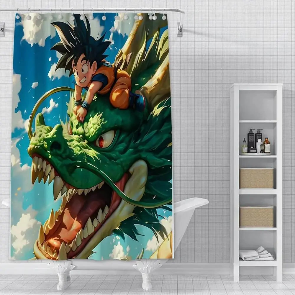 Anime Goku waterproof polyester shower curtain with vibrant Dragon Ball design hanging in bathroom