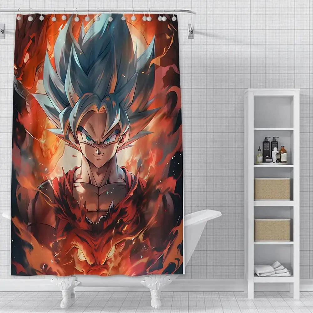 Anime Goku waterproof polyester shower curtain with vibrant Dragon Ball design hanging in modern bathroom