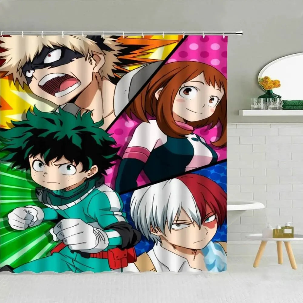 My Hero Academia anime shower curtain featuring vibrant 3D character artwork – waterproof bathroom decor