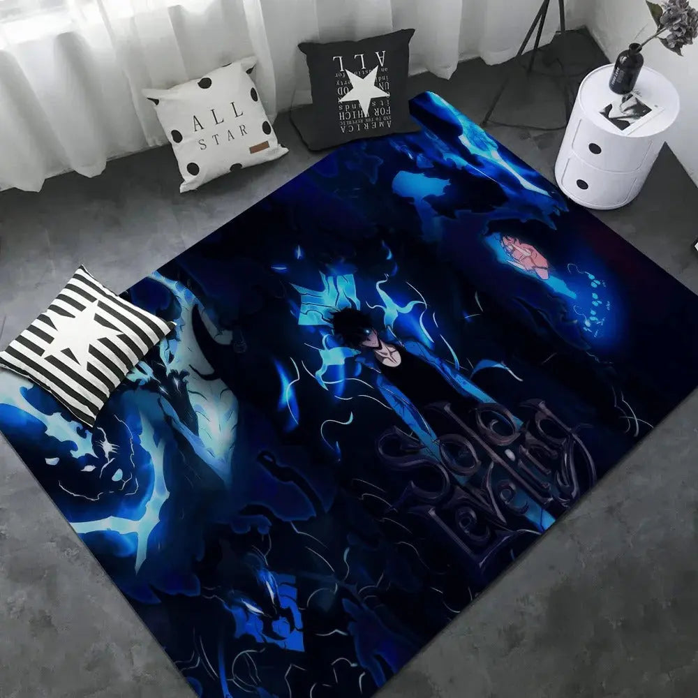 Solo Leveling anime floor mat in modern living room