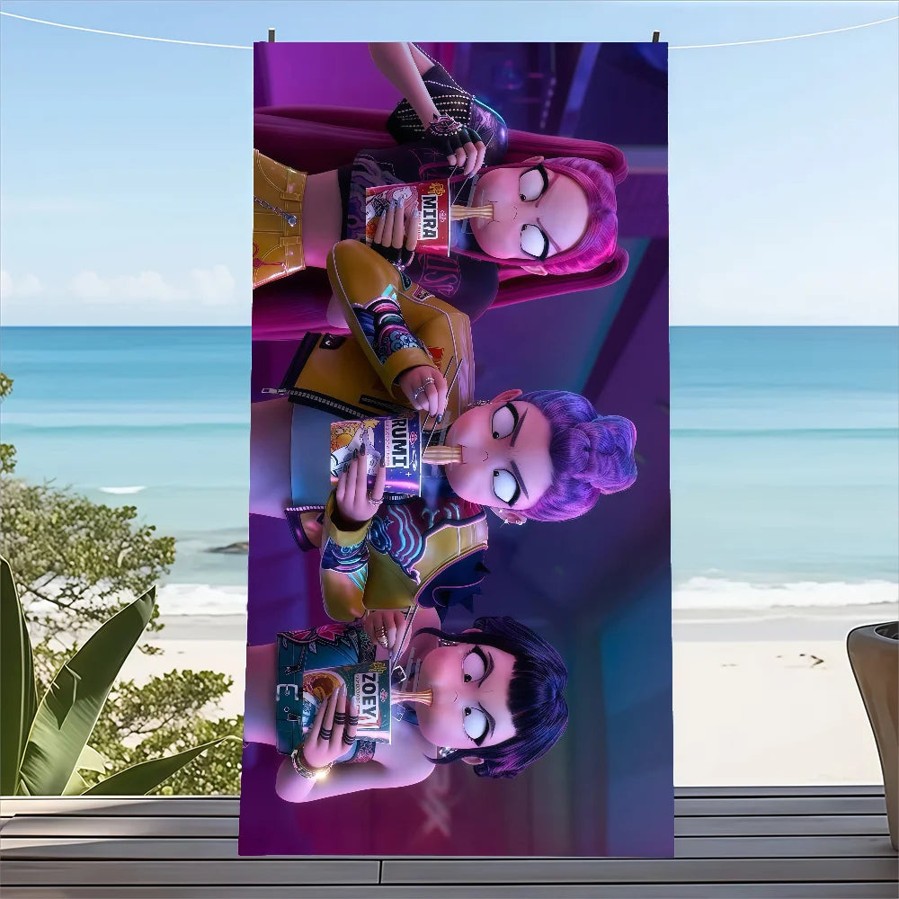 Anime-inspired K-pop beach towel for young fans lying on beach chair