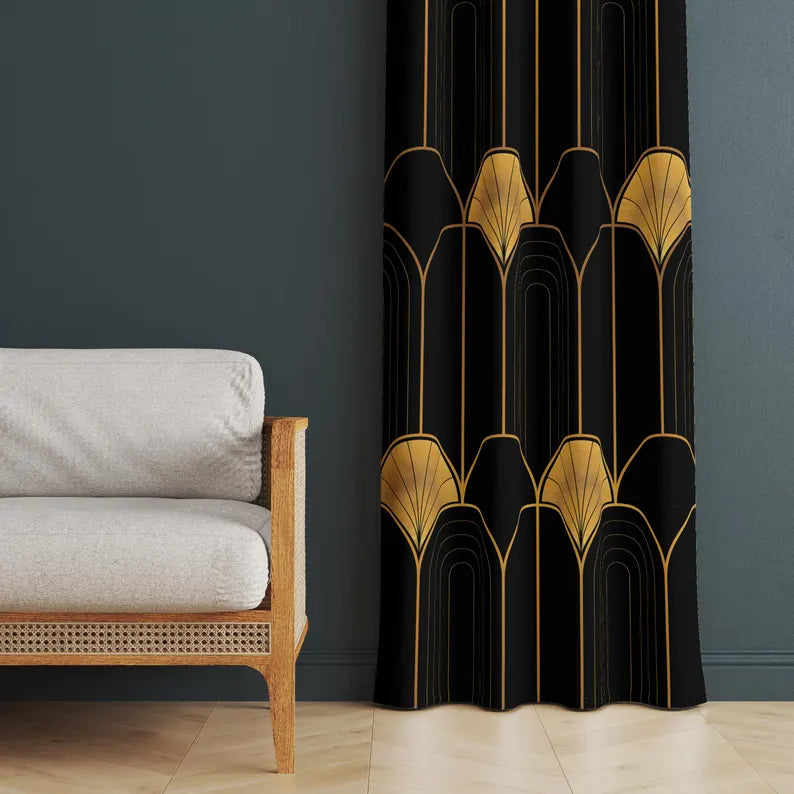 Art Deco Print Curtain Panel, Black Gold Geometric Window Drapes, Luxury Living Room Decor Drapery, Custom Printed Window Curtains