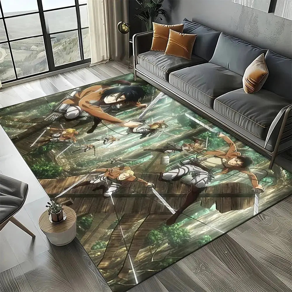 Anime carpet featuring Eren, Mikasa, and Armin in action scene