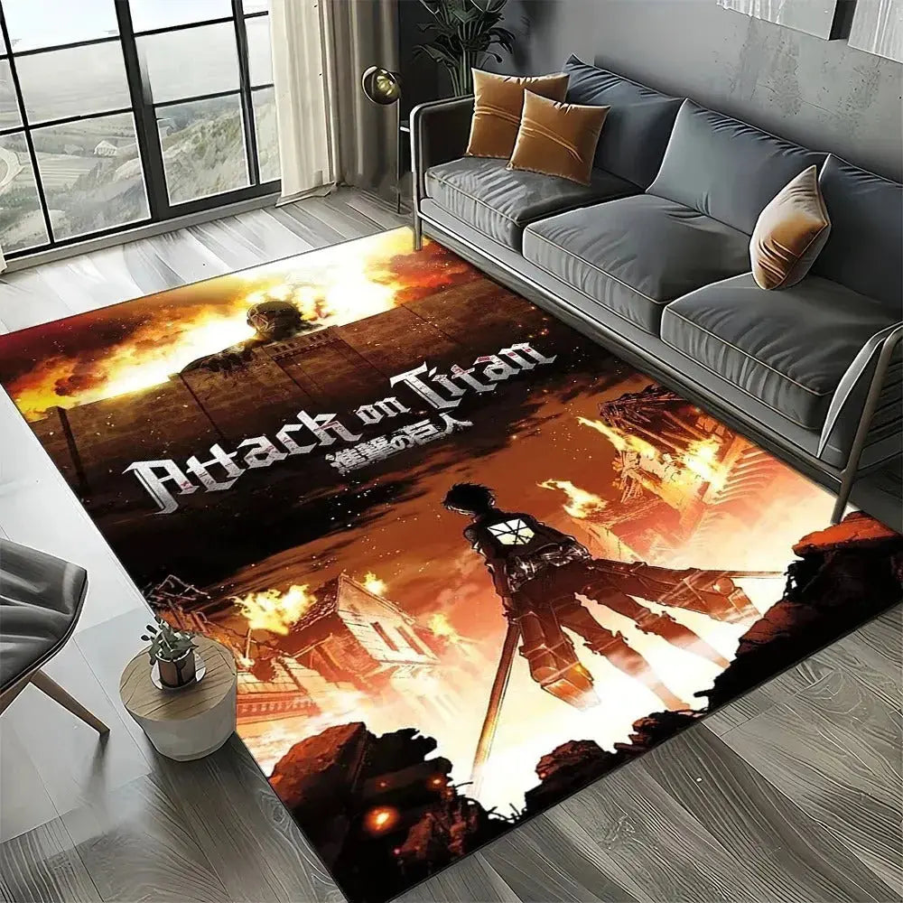 Colossal Titan anime area rug with high-detail destruction scene