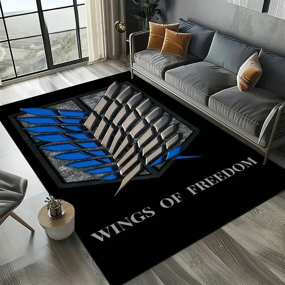Attack on Titan Anime Rug Decorative rug with 'Wings of Freedom' design in a living room setting