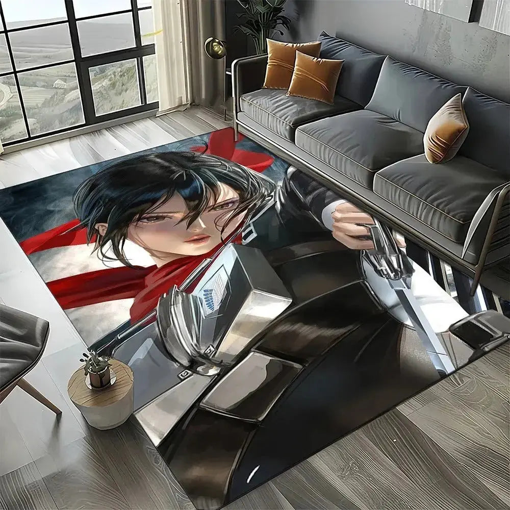 Mikasa Ackerman cartoon carpet with blades drawn in battle stance