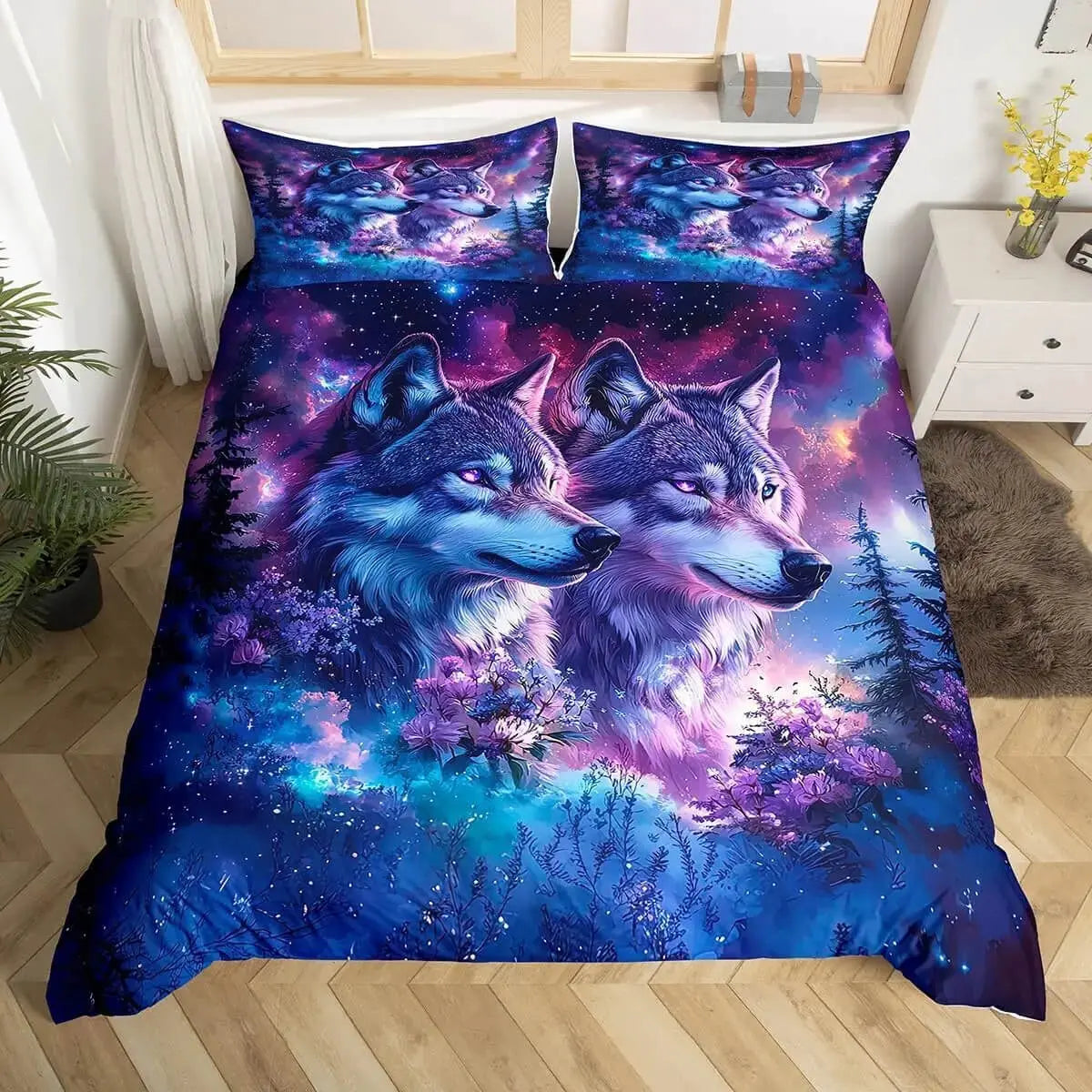Aurora Galaxy Wolf Duvet Cover