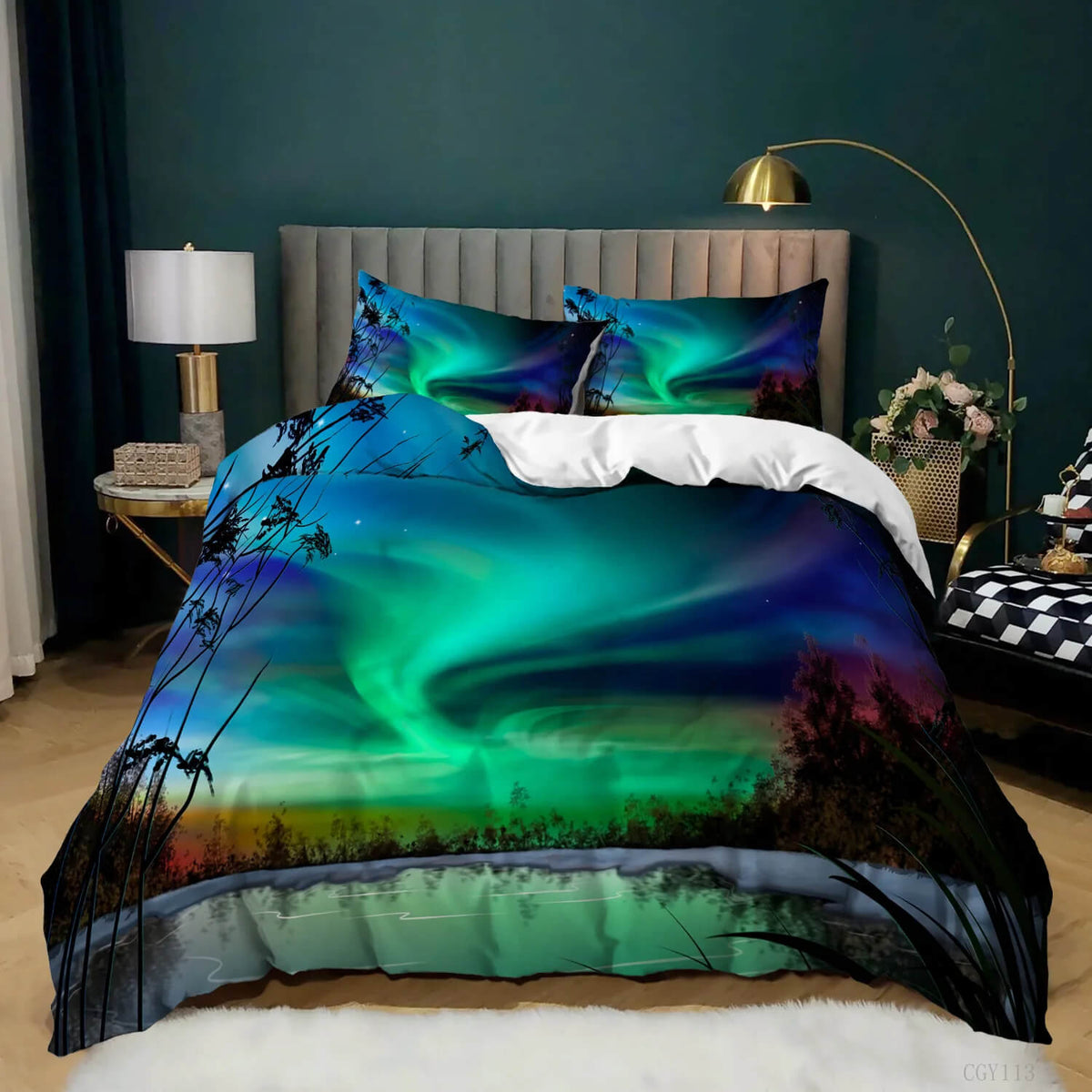 Northern lights tree bedding design